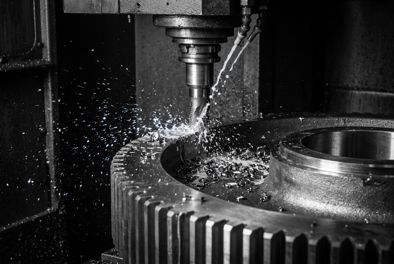 Close-up of high-precision mechanical fabrication on heavy steel components