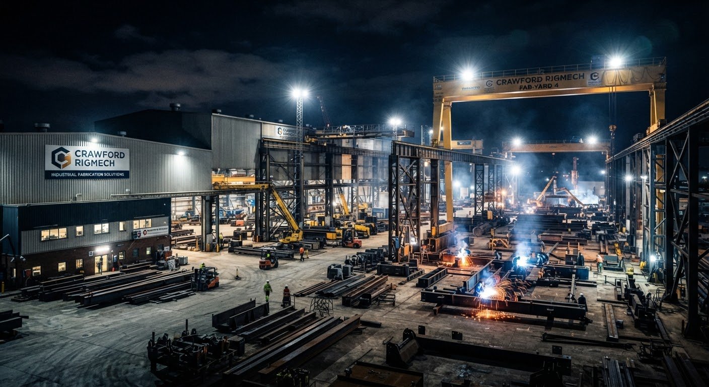 Fabrication yard at night with gantry cranes, floodlights and welding underway