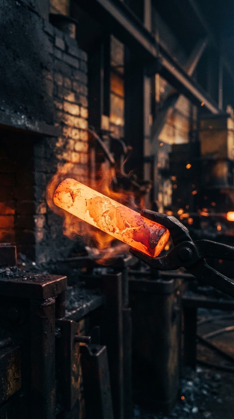 Red-hot steel being worked in a foundry