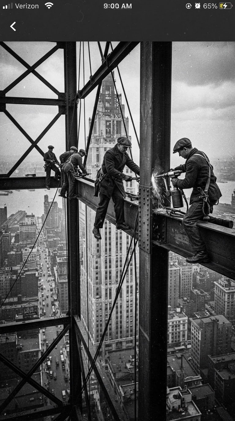 Steel girders being assembled at height