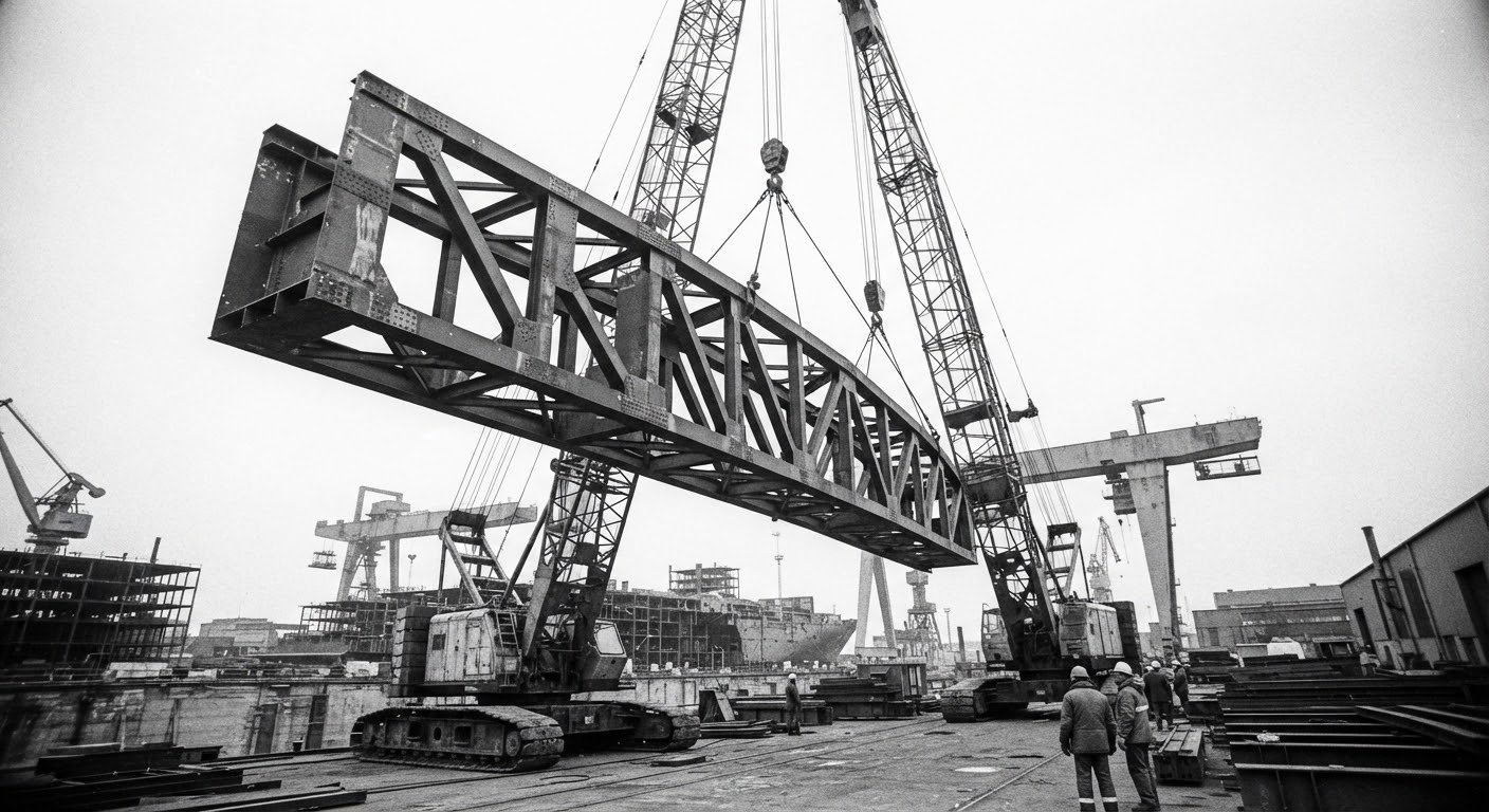 Heavy steel section being lifted by cranes in an industrial yard