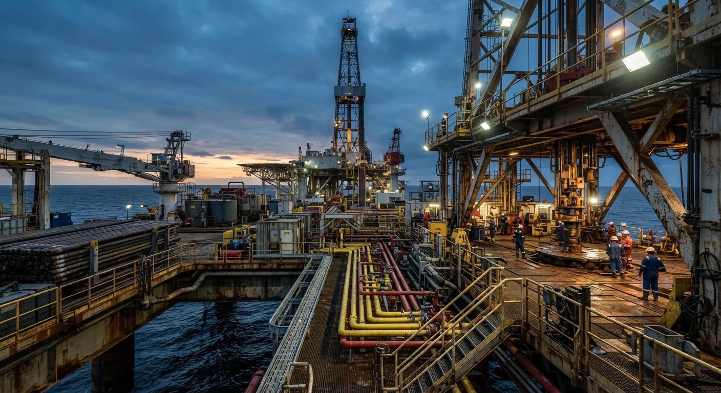 Offshore rig deck with complex piping and steel structures at dusk
