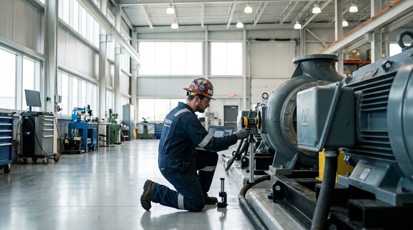 Engineer inspecting a large steel pump assembly inside an industrial fabrication workshop